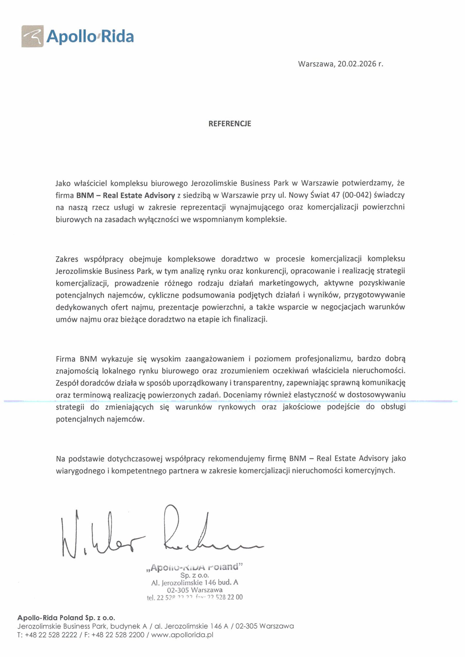 Apollo Rida referencje dla BNM