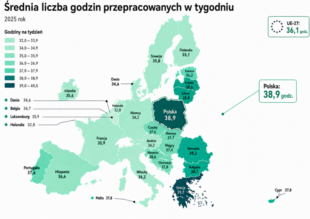 Mapa. Średnia liczba godzin przepracowanych w tygodniu. Polska i kraje UE